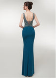 Spandex V-neck Teal Mermaid Evening Dress