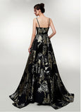 Spaghetti Straps Long Print Black A-line Prom Dress