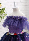 Popular Tulle Off-the-shoulder Neckline Ball Gown Flower Girl Dresses With Beadings & Handmade Flowers