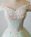 Mint V Neck Tulle Beads Long Prom Dress