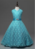 Elegant Lace V-Neck A-Line Flower Girl Dresses With Belt