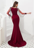 Satin Bateau Burgundy Long Sleeve Mermaid Evening Dress
