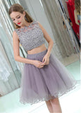 Tulle Bateau Neckline Knee-length A-line Two-piece Homecoming Dresses With Beaded Lace Appliques