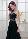 Black Attractive Chiffon Bateau Neckline A-Line Prom Dresses With Beadings