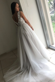Backless Flower Appliques A-Line Tulle V-neck Wedding Dress
