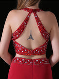 Red Scoop Beading Neck Two Piece Prom Dress