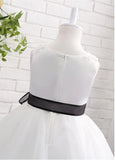 Charming Satin & Tulle Jewel Neckline Ball Gown Flower Girl Dresses With Lace Appliques & Belt