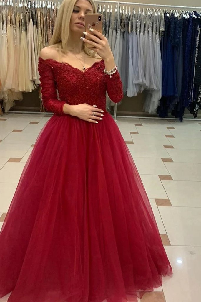 2020 Long Sleeves Tulle Burgundy Off The Shoulder Lace Prom Dress –  Sassymyprom