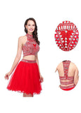 Chic Tulle High Collar Neckline A-Line Two-piece Homecoming Dresses With Beadings