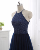 Sexy Halter Backless Evening Dresses With Beading Sequins Sleeveless Tulle A-Line Prom Dress Party Gowns