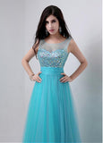 Blue Fabulous Tulle Scoop Neckline A-line Prom Dresses With Beadings