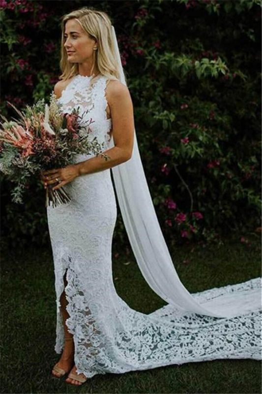 Open Back Mermaid Sexy Side Lace Appliques Halter Slit Wedding Dress Sassymyprom Open Back Mermaid Sexy Side Lace Appliques Halter Slit Wedding Dress Sassymyprom