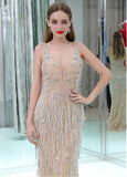 Tulle V-neck Neckline Floor-length Sheath/Column Prom Dresses With Beadings & Cotton