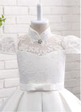 Modest Lace & Satin High Collar Neckline Ball Gown Flower Girl Dresses With Bowknot