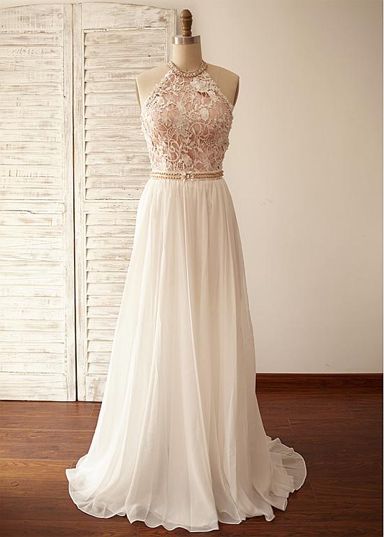 Chiffon Halter A-line Wedding Dress With Lace & Beadings Sassymyprom Chiffon Halter A-line Wedding Dress With Lace & Beadings Sassymyprom