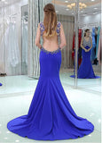 Tulle & Linen V-neck Neckline Cut-out Mermaid Prom Dresses With Beadings