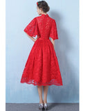 Half Sleeves A Line Tea Length High Neck Lace Wedding Dress With Belt