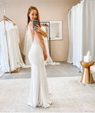 Spaghetti Straps Sheath Backless Floor Length V-neck Wedding Dress