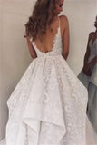Appliques Lace Spaghetti Straps Ruffles Puffy Bridal Wedding Dress
