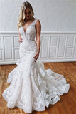 Ruffles V-neck Lace Backless Classic Mermaid Wedding Dress