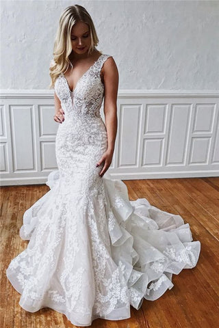 Ruffles V-neck Lace Backless Classic Mermaid Wedding Dress