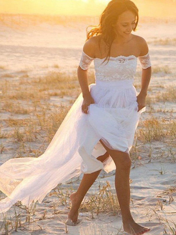 Sexy Off The Shoulder A-Line Floor Length Lace Chiffon Wedding Dress Custom Made / As The picture