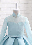 Eye-catching Lace & Satin High Collar Neckline Long Sleeves Ball Gown Flower Girl Dresses With Beadings