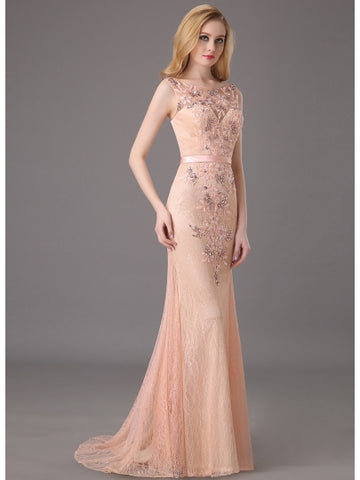 Bateau Appliques Lace Column Beading Lace Brush Train Evening Dress