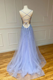 Backless Long Purple Tulle Sequin Spaghetti Straps Prom Dress