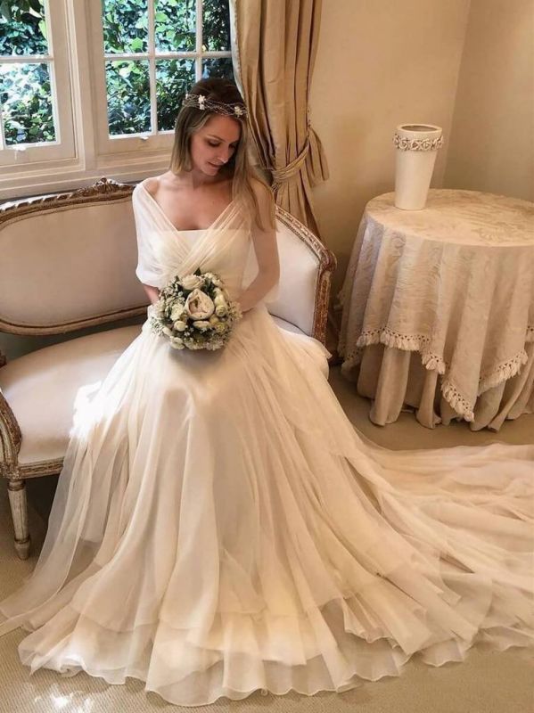long sleeve tiered wedding dress LaDivine CD0192W Flowy Long Bridal A Line Wedding Dress