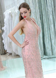 Pink Tulle Halter Neckline Backless Mermaid Prom Dresses With Beadings