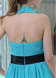 Chiffon Halter Neckline Knee-length A-line Cocktail Dresses With Handmade Flowers & Belt