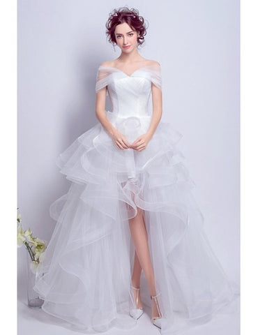 Lace Up Ruffles High Low Off-the-shoulder Tulle Wedding Dress