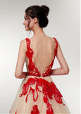 Tulle Bateau Beading Red Long A-line Prom Dress