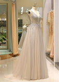 Beading Tulle V-neck Champagne Long Prom Dress
