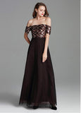 Tulle Off-the-shoulder Brown Short Sleeve A-line Prom Dress
