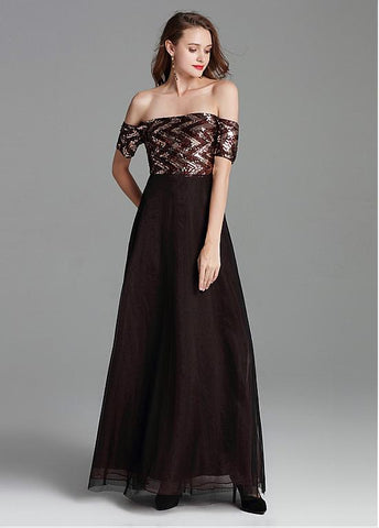 Tulle Off-the-shoulder Brown Short Sleeve A-line Prom Dress