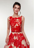 Tulle Bateau Beading Red Long A-line Prom Dress