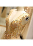 Tulle V-neck Gold Evening Dress With Beadings