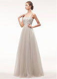 Tulle Spaghetti Straps Champagne Beading A-line Prom Dress