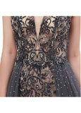 Rhinestones Gray Tulle V Neck Backless Prom Dress