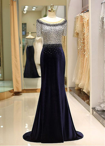 Fleece & Lace Scoop Short Sleeve Mermaid Evening Dress
