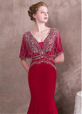 Satin V-neck Burgundy Mermaid Evening Dress With Beadings
