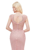 Pink Long Lace Jewel Mermaid Prom Evening Dress