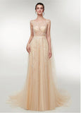 Scoop Tulle Champagne Long A-line Prom Dress