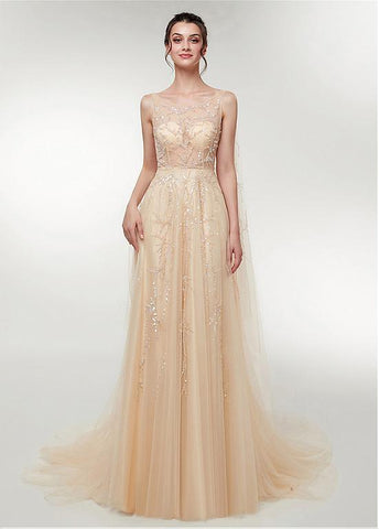 Scoop Tulle Champagne Long A-line Prom Dress