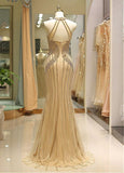 Gold Tulle Jewel Beading Chains Mermaid Prom Evening Dress