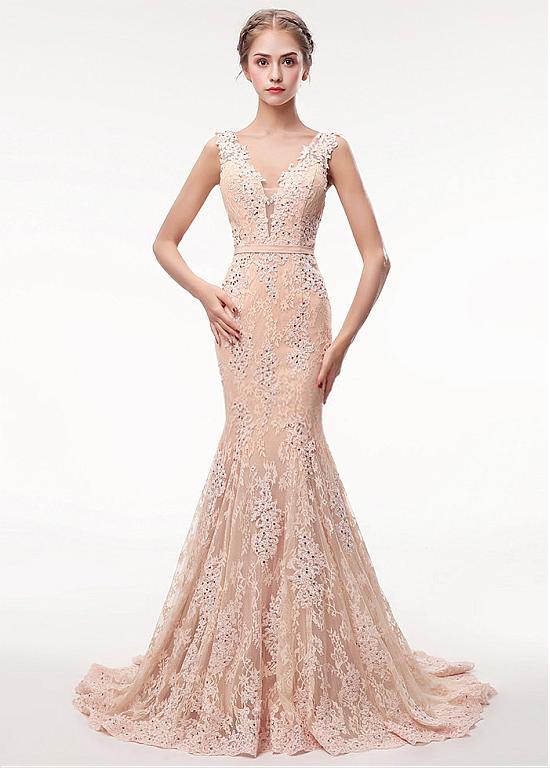 Lace V-neck Rhinestones Champagne Mermaid Evening Dress With Belt Sassymyprom Lace V-neck Rhinestones Champagne Mermaid Evening Dress With Belt Sassymyprom