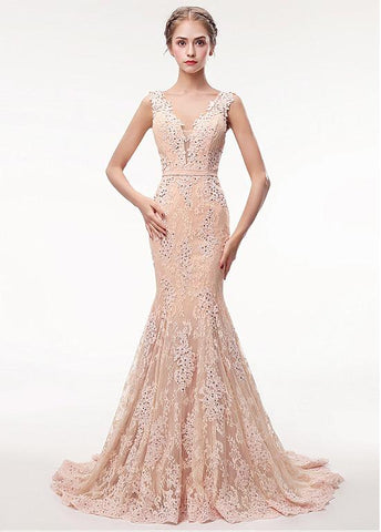 Lace V-neck Rhinestones Champagne Mermaid Evening Dress With Belt