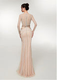 Gold Beading V Neck Long Sleeve Mermaid Prom Dress